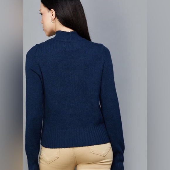 American Eagle Woven Holiday High Neck Knitted Navy Blue Sweater Size S NEW - Picture 5 of 8